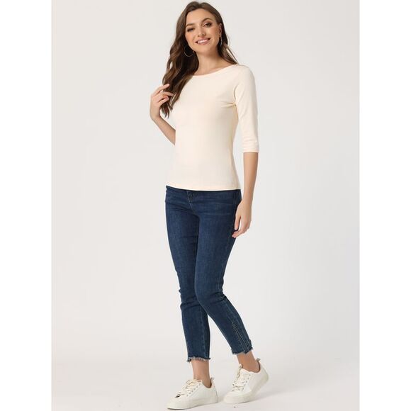 Elbow Sleeves Round Neck Slim Fit Tee Beige - Picture 3 of 5